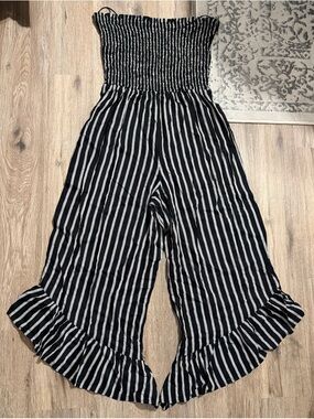 Angie Black & White Striped Smocked Jumpsuit with Ruffle Hem